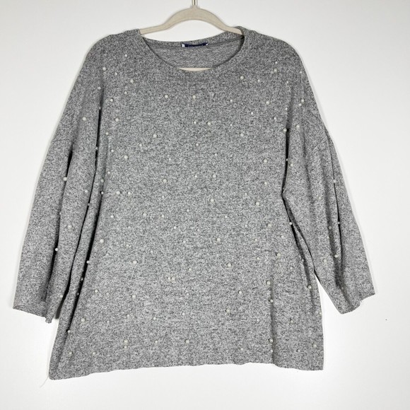 Zara Sweaters - Zara Trafaluc Pearl Studded Sweater Womens Gray 3/4 Sleeve Soft Knit Size Medium